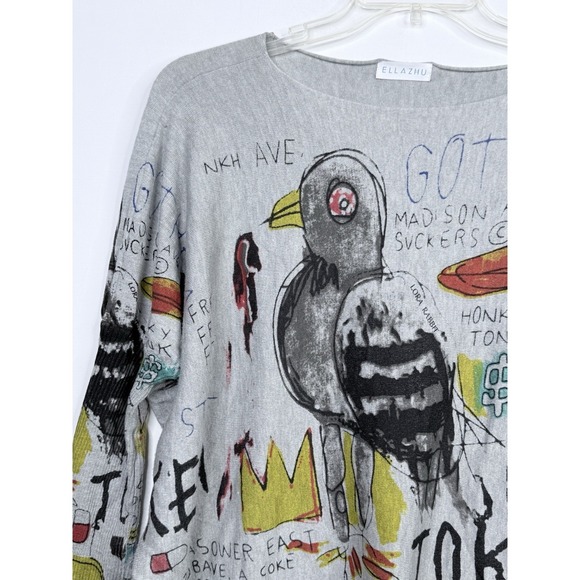 ELLAZHU Basquiat enspired graffiti Print Crew Neck Sweater Top Art To Wear AOP - Picture 5 of 12